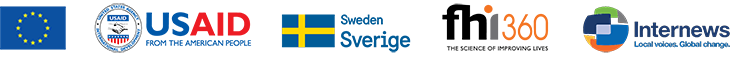 Logo UE, USAID, Sverige, fhi360, Internews